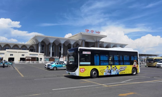 伊宁高铁站前公交场站公交车停场实景图，图为11路公交车，车身广告为明黄色的金亨肉肠